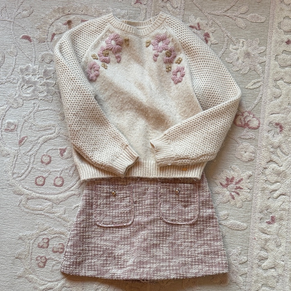 Mayoral Cream Knit Sweater with Pink Floral Embroidery & Pink Tweed Mini Skirt